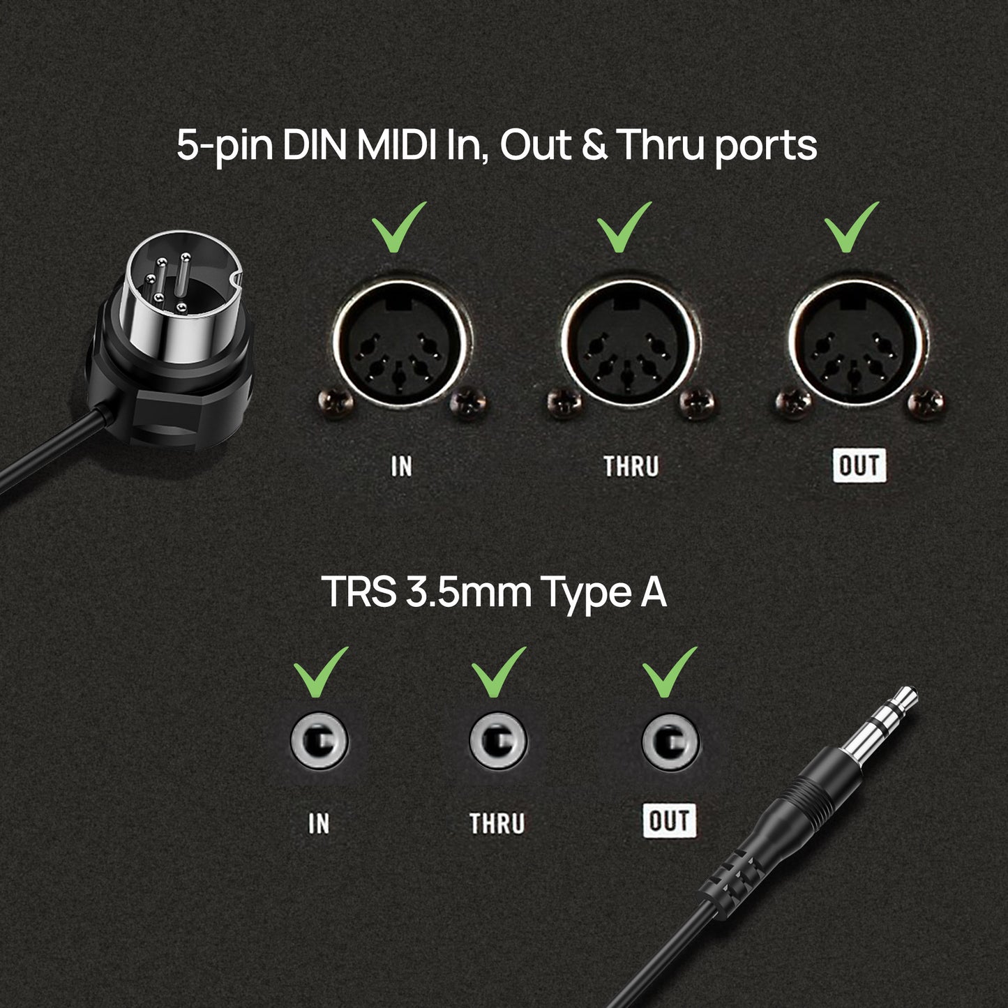 TRS (Straight, 1/8″, type A) to 5-pin DIN MIDI Cable 4-Pack – Various Lengths