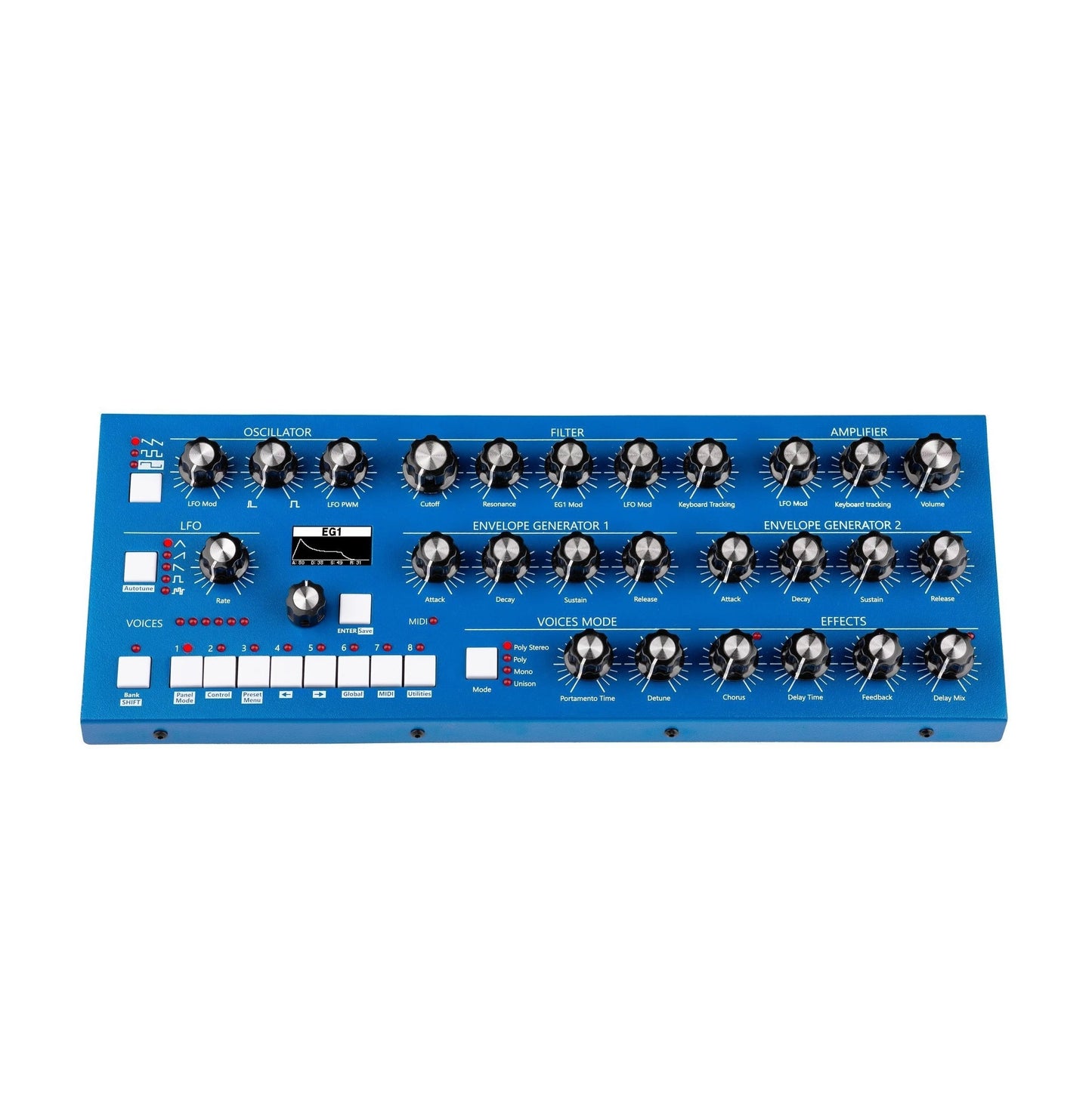 Blue electronic panel with various knobs and buttons on a white background