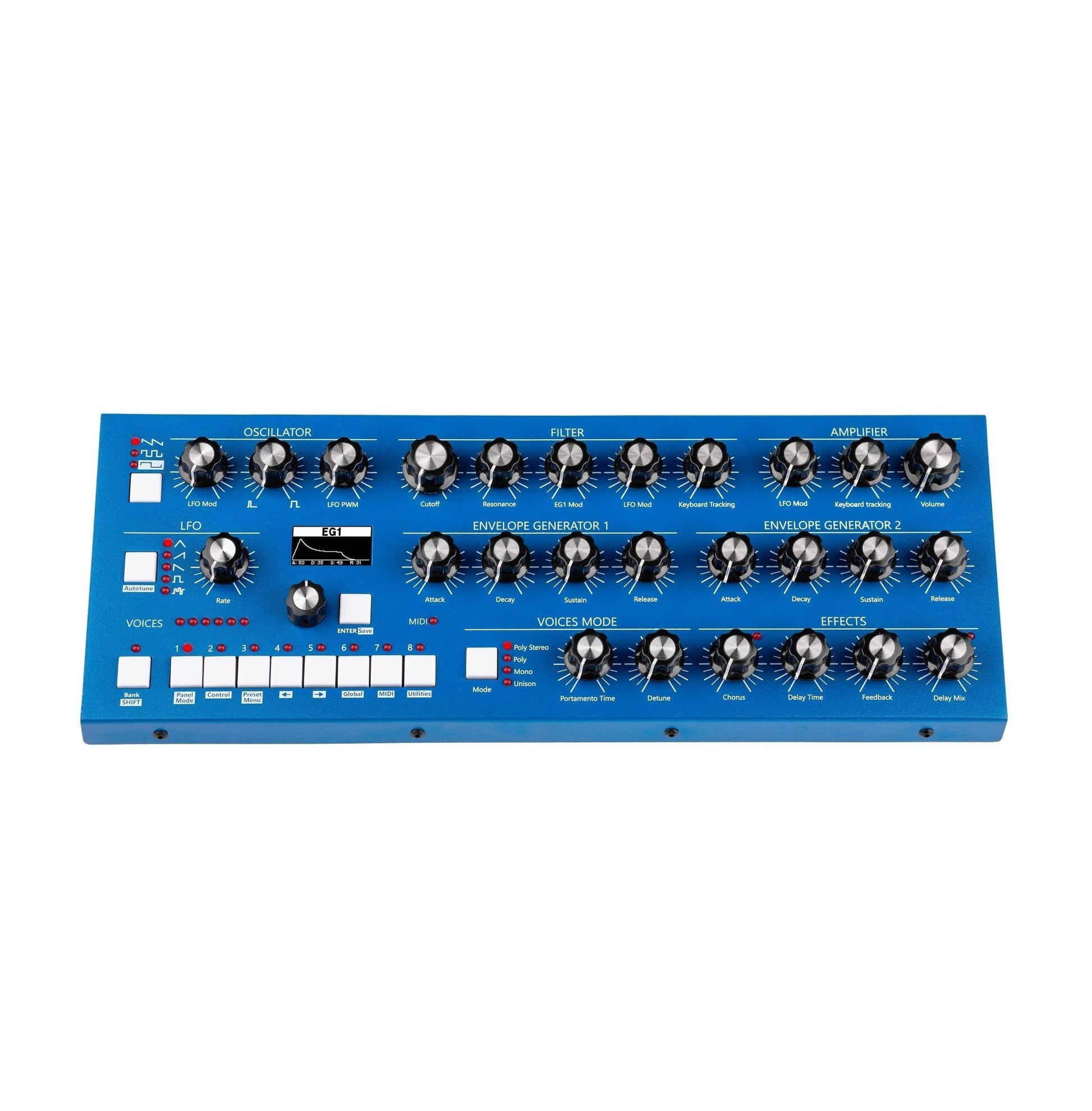 Blue electronic panel with various knobs and buttons on a white background
